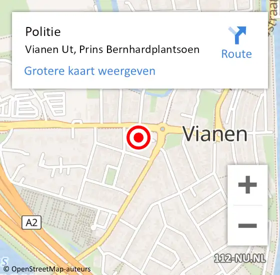 Locatie op kaart van de 112 melding: Politie Vianen Ut, Prins Bernhardplantsoen op 12 april 2016 00:25