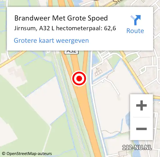 Locatie op kaart van de 112 melding: Brandweer Met Grote Spoed Naar Jirnsum, A32 L hectometerpaal: 62,6 op 11 december 2013 17:11