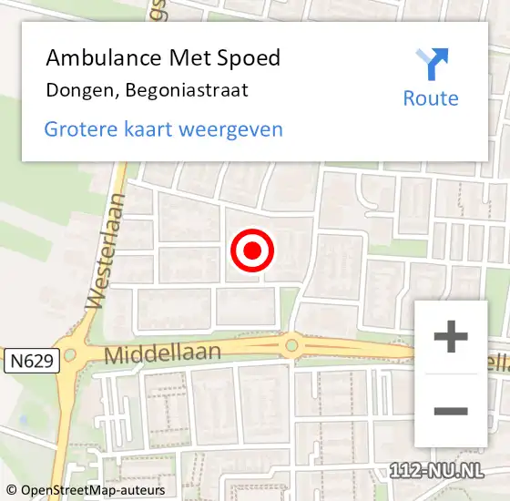 Locatie op kaart van de 112 melding: Ambulance Met Spoed Naar Dongen, Begoniastraat op 13 april 2016 19:39