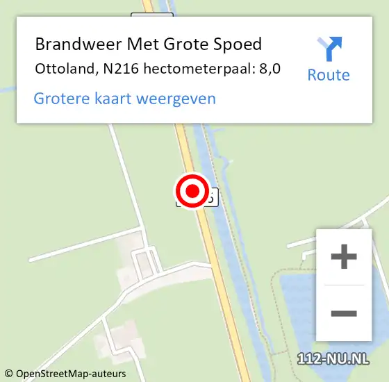 Locatie op kaart van de 112 melding: Brandweer Met Grote Spoed Naar Ottoland, N216 hectometerpaal: 8,0 op 15 april 2016 17:09