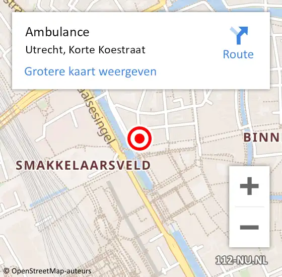 Locatie op kaart van de 112 melding: Ambulance Utrecht, Korte Koestraat op 16 april 2016 14:34