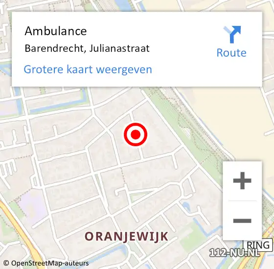 Locatie op kaart van de 112 melding: Ambulance Barendrecht, Julianastraat op 17 april 2016 15:09