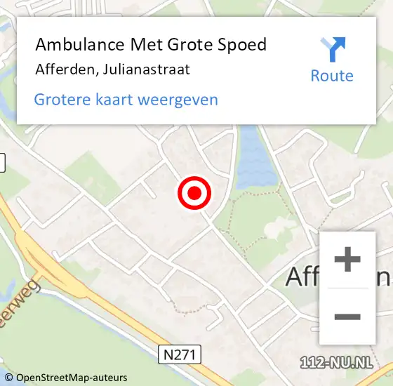 Locatie op kaart van de 112 melding: Ambulance Met Grote Spoed Naar Afferden, Julianastraat op 18 april 2016 07:12