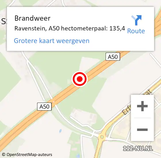 Locatie op kaart van de 112 melding: Brandweer Ravenstein, A50 hectometerpaal: 135,4 op 18 april 2016 07:13