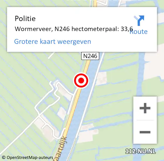 Locatie op kaart van de 112 melding: Politie Wormerveer, N246 hectometerpaal: 33,6 op 18 april 2016 08:32