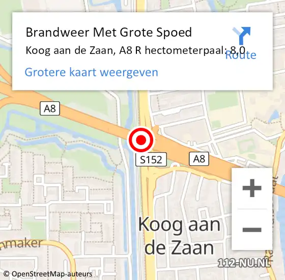 Locatie op kaart van de 112 melding: Brandweer Met Grote Spoed Naar Koog aan de Zaan, A8 R op 18 april 2016 14:41