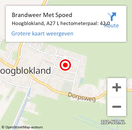 Locatie op kaart van de 112 melding: Brandweer Met Spoed Naar Hoogblokland, A27 L hectometerpaal: 42,0 op 19 april 2016 16:55