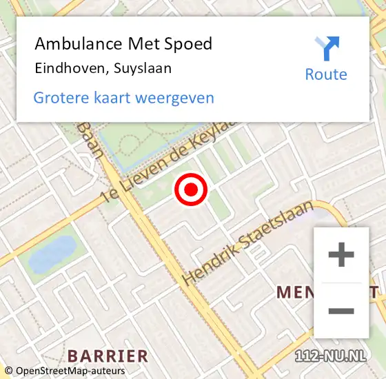 Locatie op kaart van de 112 melding: Ambulance Met Spoed Naar Eindhoven, Suyslaan op 20 april 2016 03:15