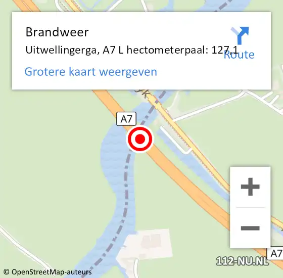 Locatie op kaart van de 112 melding: Brandweer Uitwellingerga, A7 L hectometerpaal: 127,1 op 20 april 2016 14:56