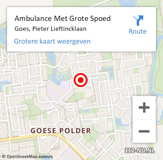 Locatie op kaart van de 112 melding: Ambulance Met Grote Spoed Naar Goes, Pieter Lieftincklaan op 24 april 2016 14:01