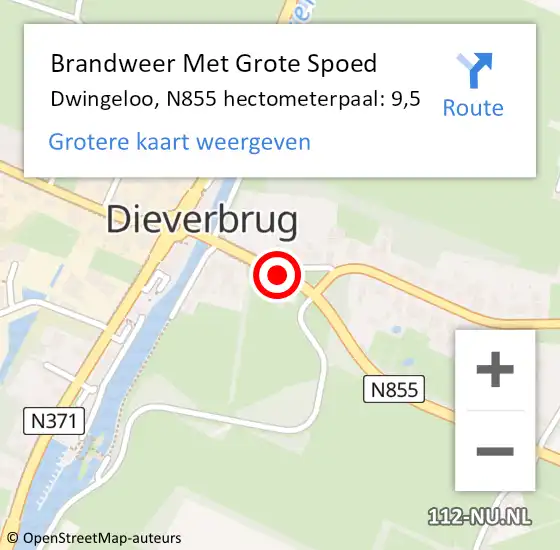 Locatie op kaart van de 112 melding: Brandweer Met Grote Spoed Naar Dwingeloo, N855 hectometerpaal: 9,5 op 25 april 2016 14:55