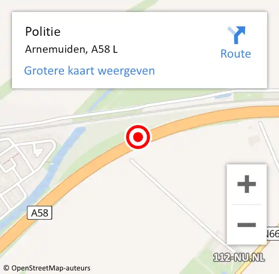 Locatie op kaart van de 112 melding: Politie Arnemuiden, A58 L op 26 april 2016 10:16