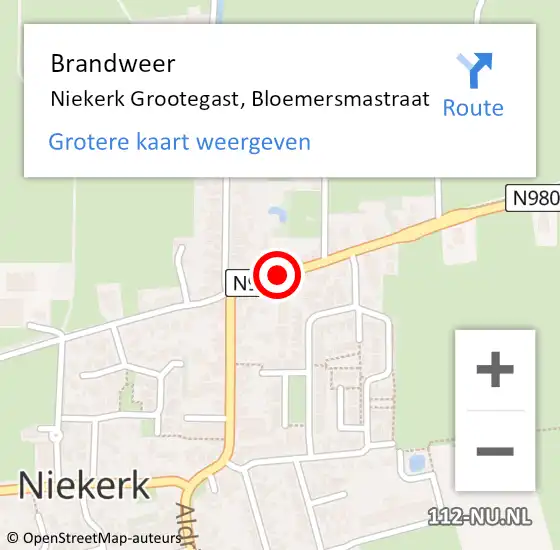 Locatie op kaart van de 112 melding: Brandweer Niekerk Grootegast, Bloemersmastraat op 27 april 2016 21:03