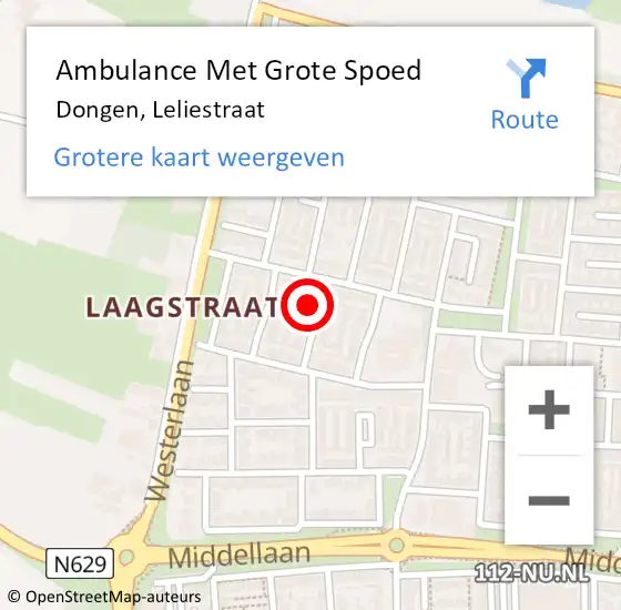 Locatie op kaart van de 112 melding: Ambulance Met Grote Spoed Naar Dongen, Leliestraat op 28 april 2016 11:06