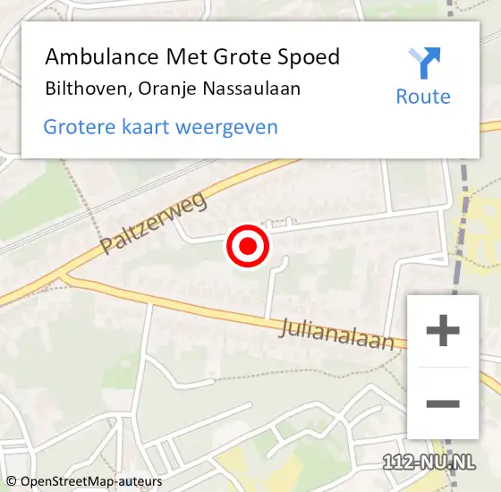 Locatie op kaart van de 112 melding: Ambulance Met Grote Spoed Naar Bilthoven, Oranje Nassaulaan op 29 april 2016 07:46