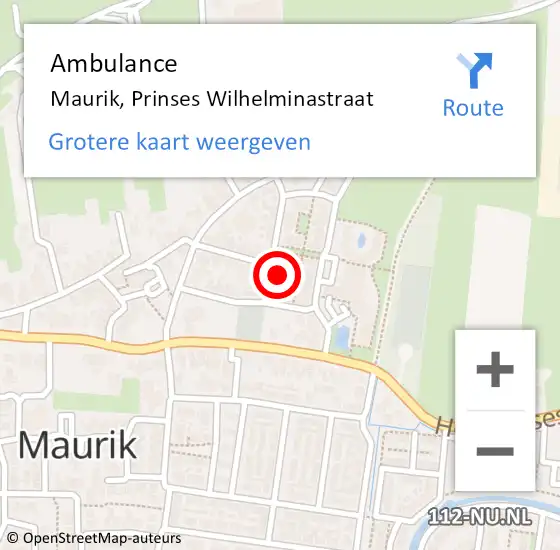 Locatie op kaart van de 112 melding: Ambulance Maurik, Prinses Wilhelminastraat op 13 december 2013 12:43