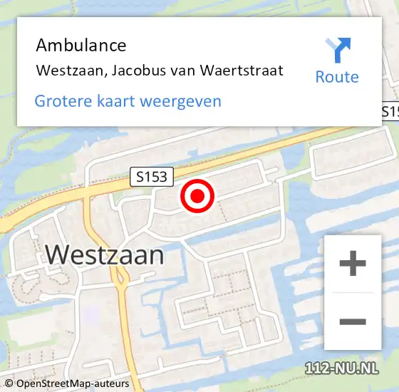 Locatie op kaart van de 112 melding: Ambulance Westzaan, Jacobus van Waertstraat op 30 april 2016 12:56