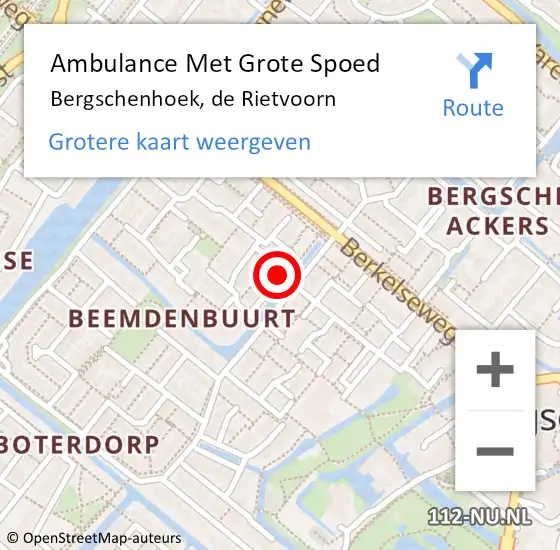 Locatie op kaart van de 112 melding: Ambulance Met Grote Spoed Naar Bergschenhoek, de Rietvoorn op 30 april 2016 21:51