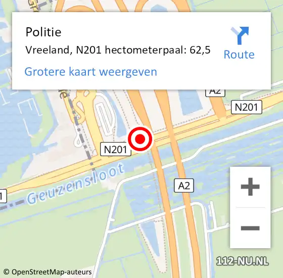 Locatie op kaart van de 112 melding: Politie Vreeland, N201 hectometerpaal: 62,5 op 1 mei 2016 15:25