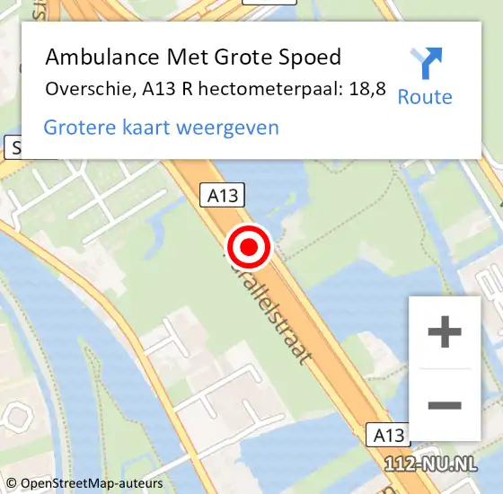 Locatie op kaart van de 112 melding: Ambulance Met Grote Spoed Naar Overschie, A13 R hectometerpaal: 18,8 op 1 mei 2016 16:27