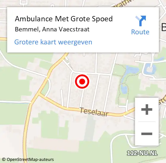 Locatie op kaart van de 112 melding: Ambulance Met Grote Spoed Naar Bemmel, Anna Vaecstraat op 1 mei 2016 17:43