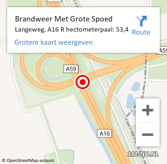 Locatie op kaart van de 112 melding: Brandweer Met Grote Spoed Naar Langeweg, A16 R hectometerpaal: 53,4 op 1 mei 2016 18:47