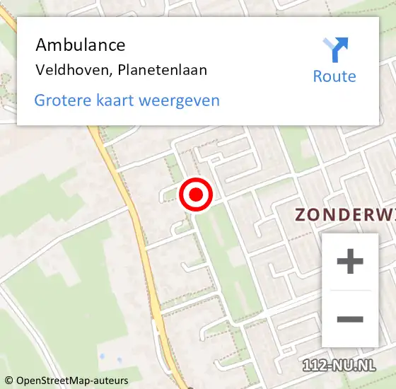 Locatie op kaart van de 112 melding: Ambulance Veldhoven, Planetenlaan op 1 mei 2016 21:19