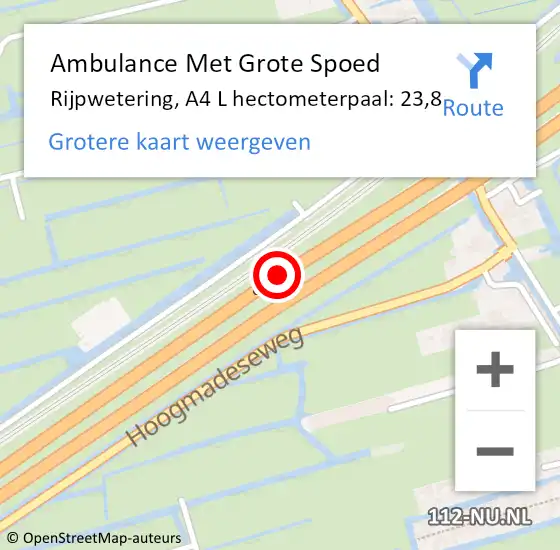 Locatie op kaart van de 112 melding: Ambulance Met Grote Spoed Naar Rijpwetering, A4 L hectometerpaal: 23,8 op 2 mei 2016 05:42