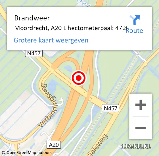 Locatie op kaart van de 112 melding: Brandweer Moordrecht, A20 R hectometerpaal: 44,4 op 3 mei 2016 19:22
