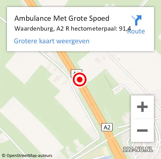 Locatie op kaart van de 112 melding: Ambulance Met Grote Spoed Naar Waardenburg, A2 R hectometerpaal: 91,4 op 4 mei 2016 03:04