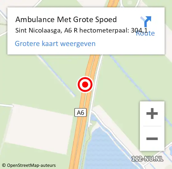 Locatie op kaart van de 112 melding: Ambulance Met Grote Spoed Naar Sint Nicolaasga, A6 R hectometerpaal: 306,9 op 4 mei 2016 15:12