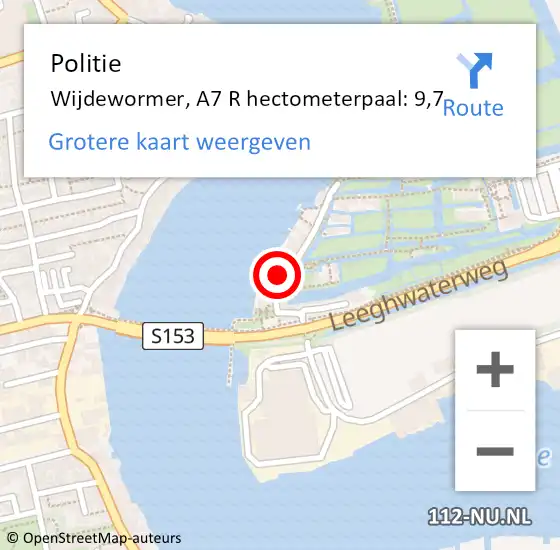 Locatie op kaart van de 112 melding: Politie Wijdewormer, A7 R hectometerpaal: 9,7 op 6 mei 2016 15:31