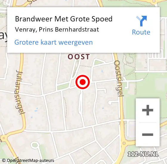 Locatie op kaart van de 112 melding: Brandweer Met Grote Spoed Naar Venray, Prins Bernhardstraat op 6 mei 2016 17:01