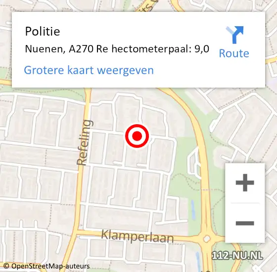 Locatie op kaart van de 112 melding: Politie Nuenen, A270 Re hectometerpaal: 8,2 op 7 mei 2016 01:41