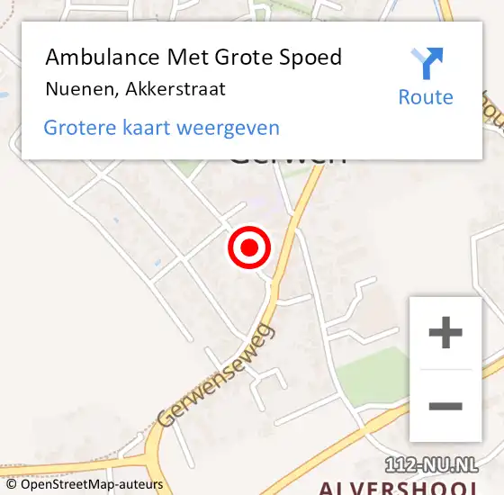 Locatie op kaart van de 112 melding: Ambulance Met Grote Spoed Naar Nuenen, Akkerstraat op 7 mei 2016 14:07