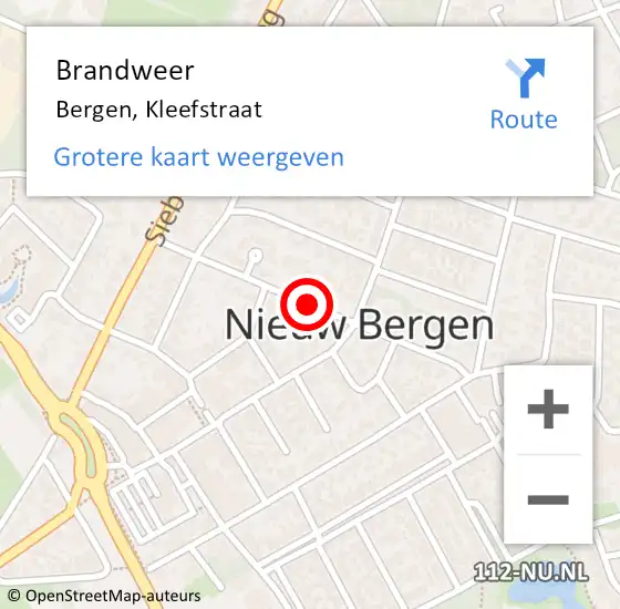 Locatie op kaart van de 112 melding: Brandweer Bergen, Kleefstraat op 7 mei 2016 16:20