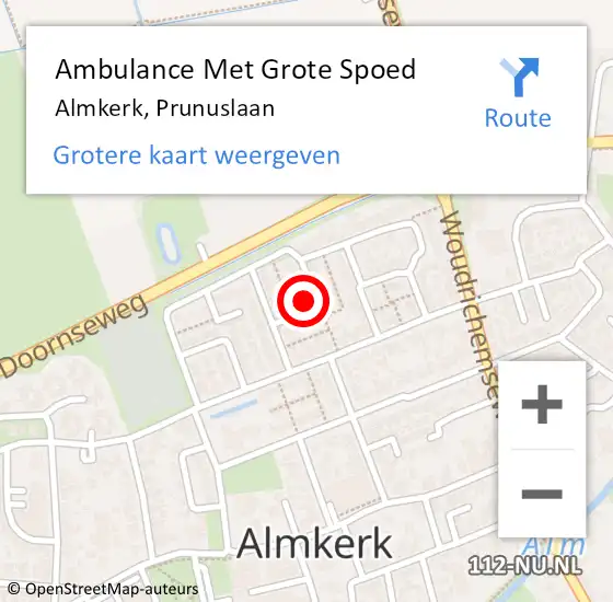 Locatie op kaart van de 112 melding: Ambulance Met Grote Spoed Naar Almkerk, Prunuslaan op 8 mei 2016 07:02