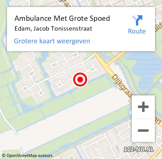 Locatie op kaart van de 112 melding: Ambulance Met Grote Spoed Naar Edam, Jacob Tonissenstraat op 9 mei 2016 13:40