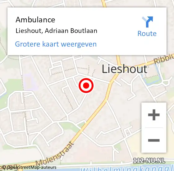 Locatie op kaart van de 112 melding: Ambulance Lieshout, Adriaan Boutlaan op 9 mei 2016 14:38