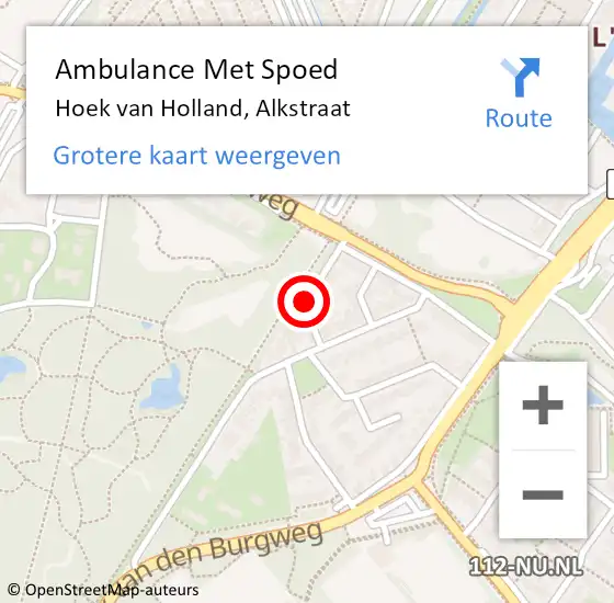 Locatie op kaart van de 112 melding: Ambulance Met Spoed Naar Hoek van Holland, Alkstraat op 9 mei 2016 17:15