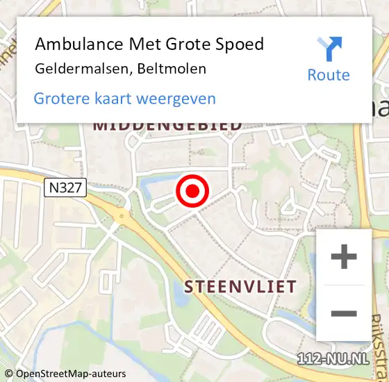 Locatie op kaart van de 112 melding: Ambulance Met Grote Spoed Naar Geldermalsen, Beltmolen op 10 mei 2016 17:49