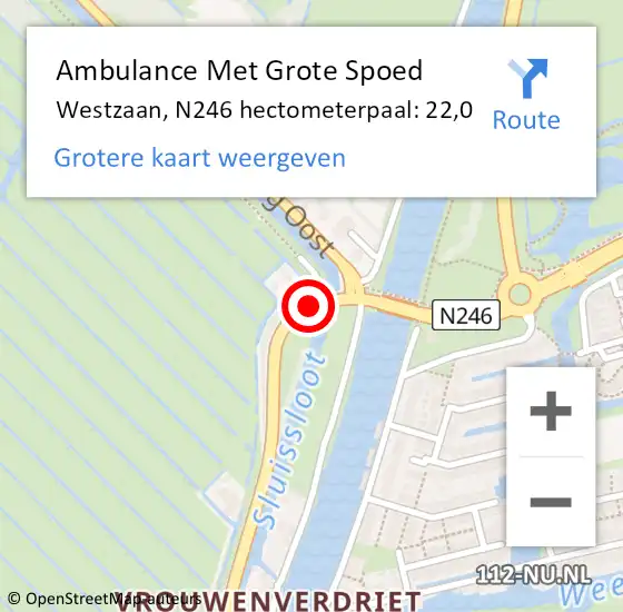 Locatie op kaart van de 112 melding: Ambulance Met Grote Spoed Naar Westzaan, N246 hectometerpaal: 22,0 op 11 mei 2016 10:11