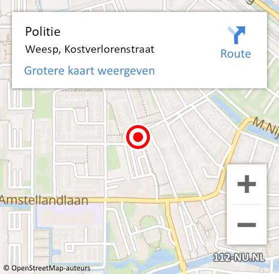 Locatie op kaart van de 112 melding: Politie Weesp, Kostverlorenstraat op 12 mei 2016 03:33