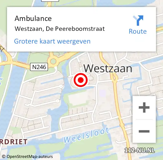 Locatie op kaart van de 112 melding: Ambulance Westzaan, De Peereboomstraat op 12 mei 2016 13:42