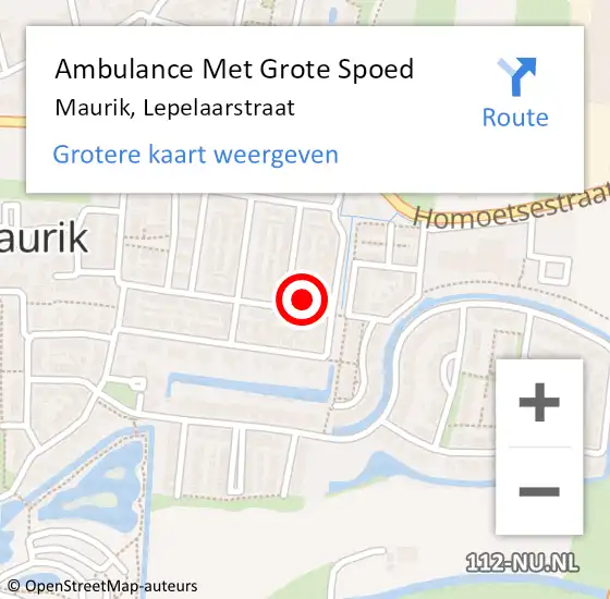 Locatie op kaart van de 112 melding: Ambulance Met Grote Spoed Naar Maurik, Lepelaarstraat op 12 mei 2016 13:43