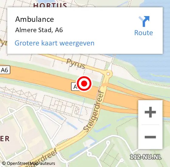 Locatie op kaart van de 112 melding: Ambulance Almere Stad, A6 op 14 december 2013 22:13