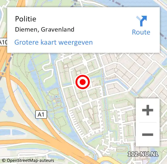 Locatie op kaart van de 112 melding: Politie Diemen, Gravenland op 14 mei 2016 04:20