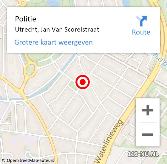 Locatie op kaart van de 112 melding: Politie Utrecht, Jan Van Scorelstraat op 16 mei 2016 17:36