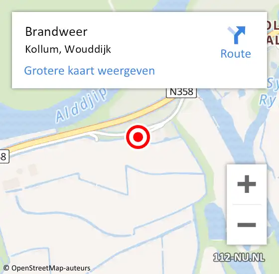 Locatie op kaart van de 112 melding: Brandweer Kollum, Wouddijk op 16 mei 2016 18:50