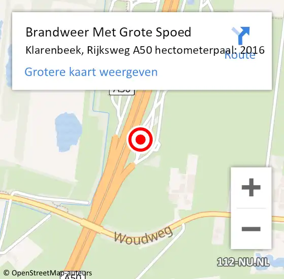 Locatie op kaart van de 112 melding: Brandweer Met Grote Spoed Naar Klarenbeek, Rijksweg A50 hectometerpaal: 2016 op 17 mei 2016 07:40
